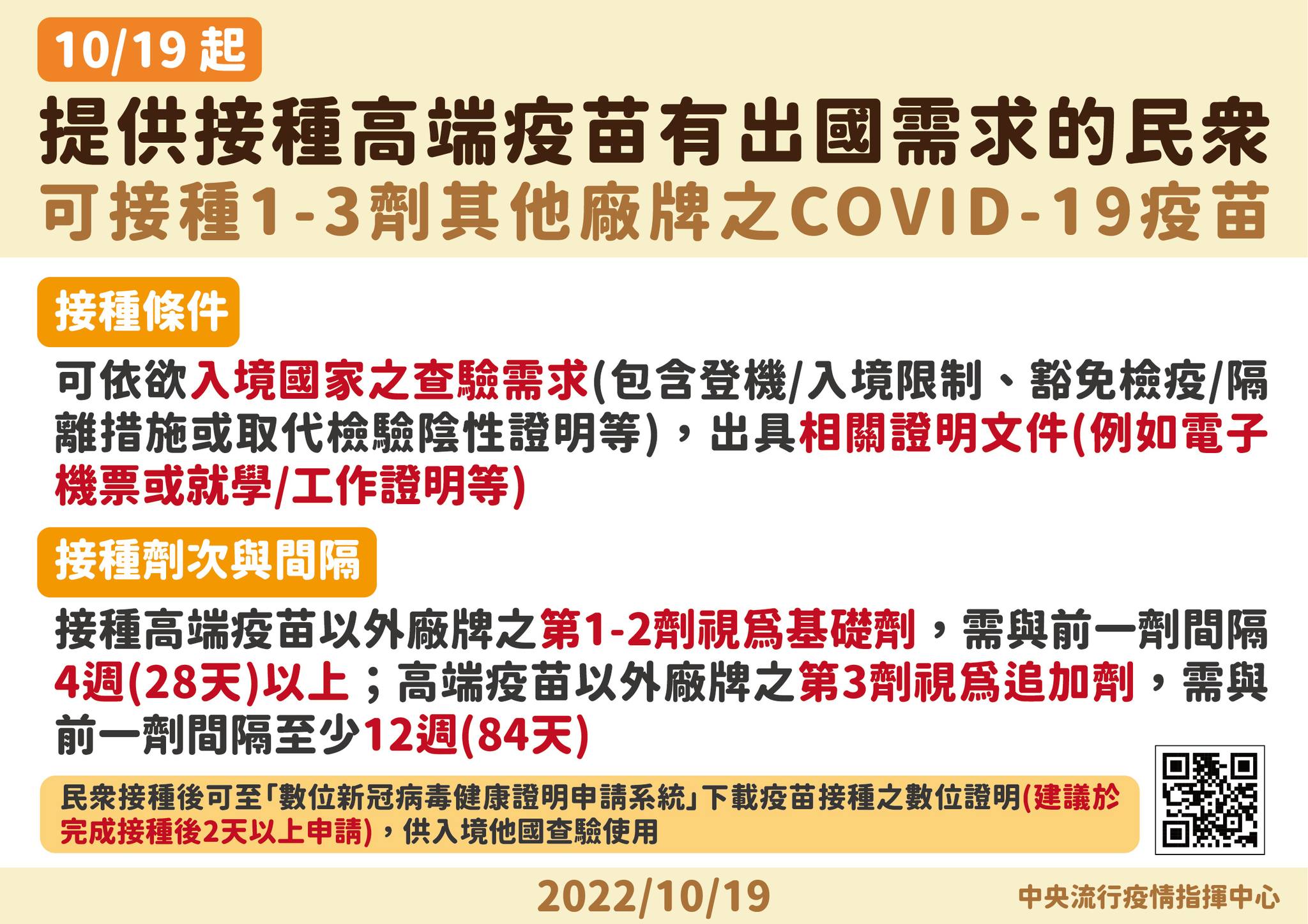 10月19日提供接種高端疫苗有出國需求的民眾可接種1-3劑其他廠牌之COVID-19疫苗